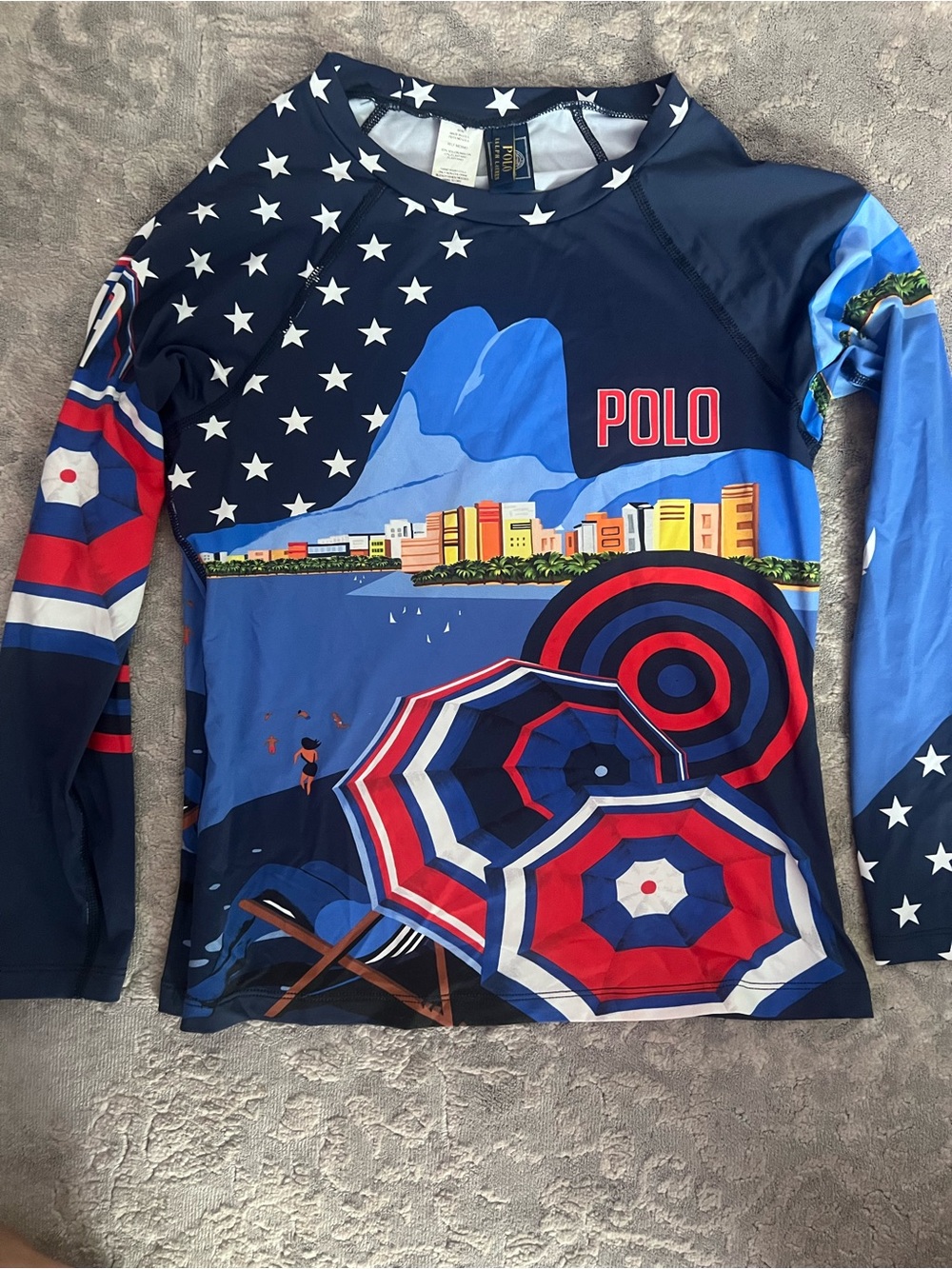 ❤️Ralph Lauren Navy, Royal Blue & Red Long-Sleeve Swim Rashguard… rare Rio scene